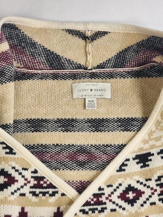 Lucky Brand Aztec Knit Shawl Collar Open Cardigan Sweater Medium M Cotton Blend - Picture 3 of 13